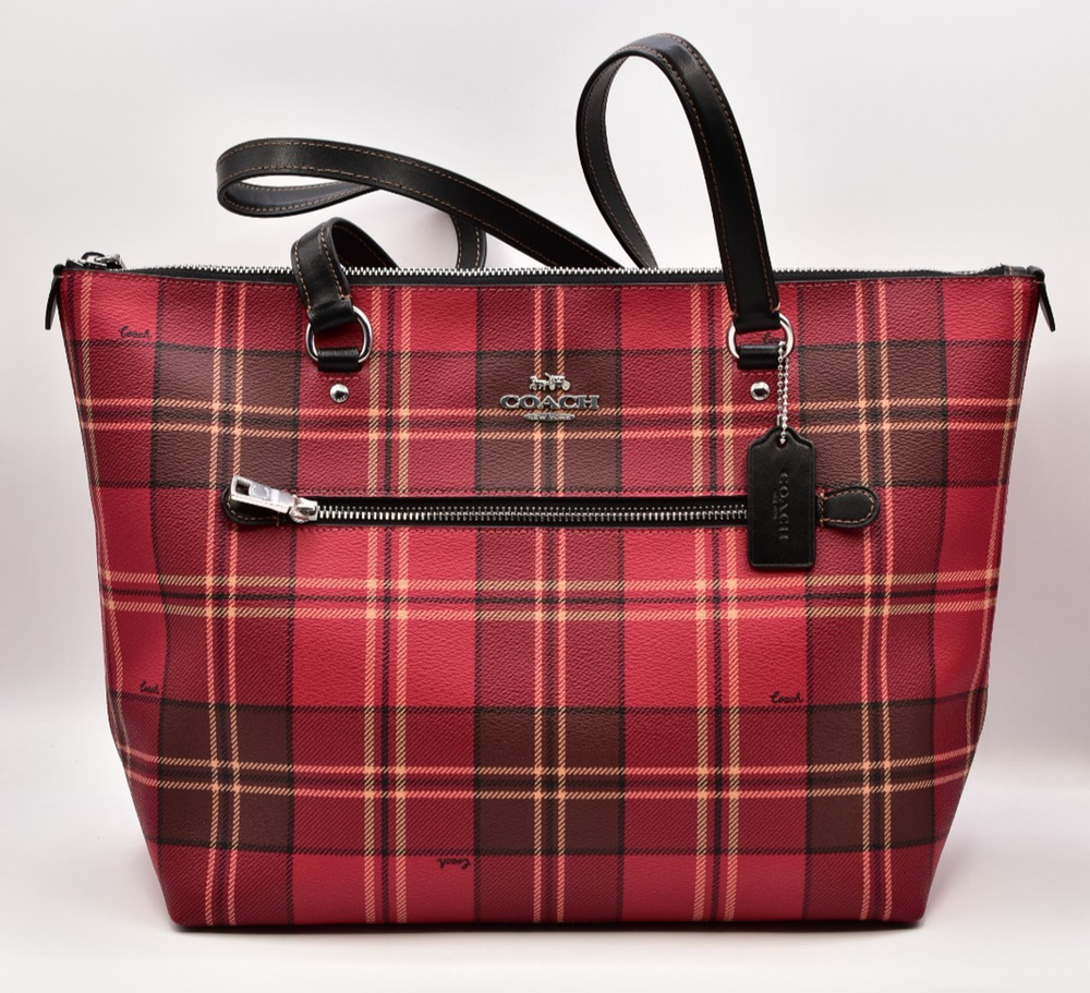 Coach Gallery Tote In Signature Canvas With Plaid Print Red/Black Multi Tartan